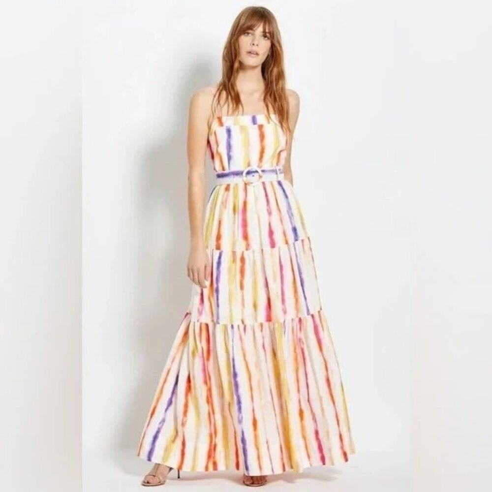 Nicholas Kerala Maxi Dress Striped Cotton Silk Size 0 Belted Lined